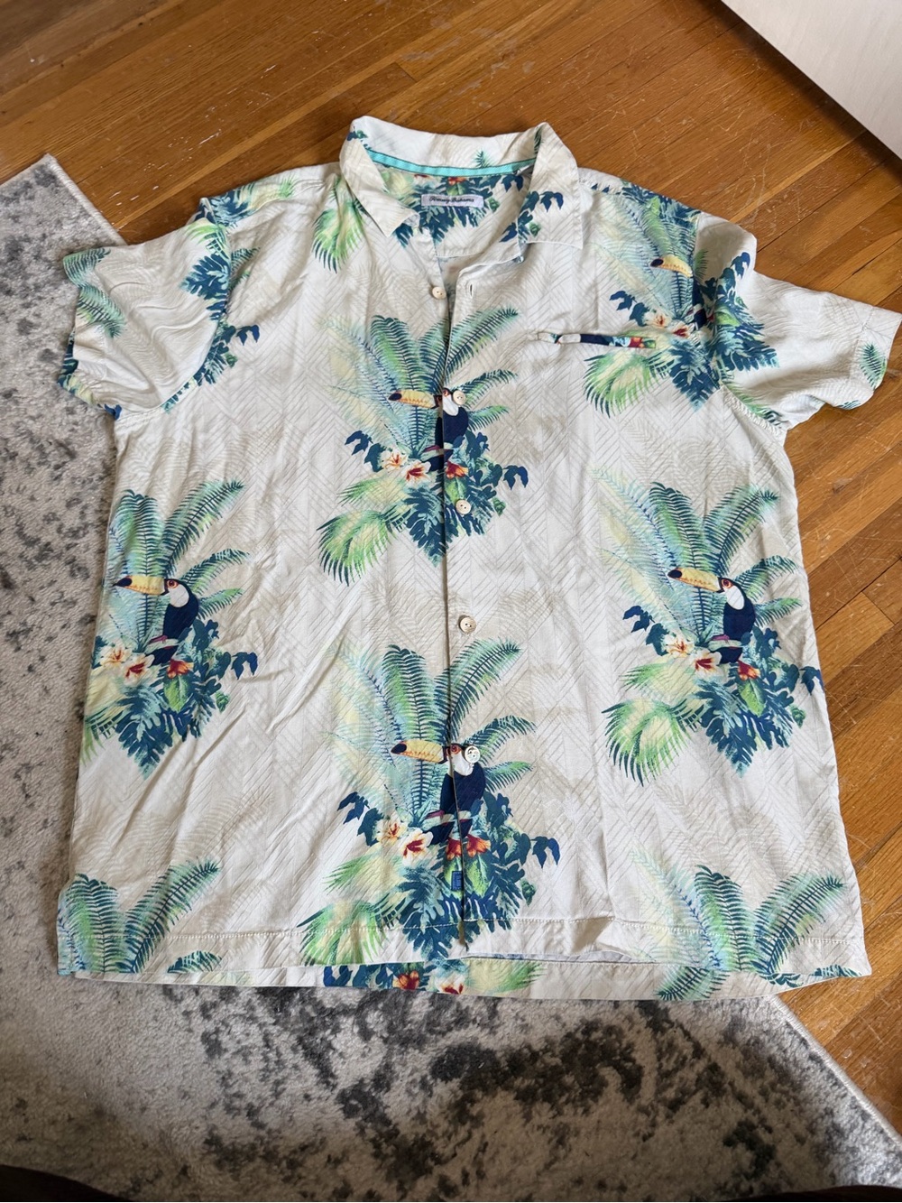 Tommy Bahama White Tropical Toucan Camp Shirt with Blue and Green Palms